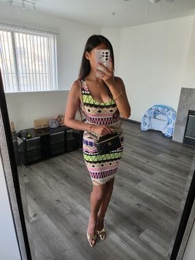 Zara Multicolor Geometric Bodycon Mini Dress (Black, Pink, Green, Cream)